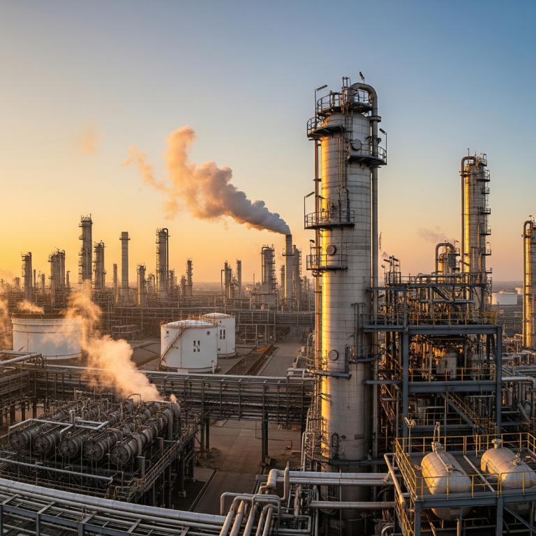 Q24 Petrol Industrieanlage mit hohen Türmen und Rauchschwaden vor Sonnenuntergang.